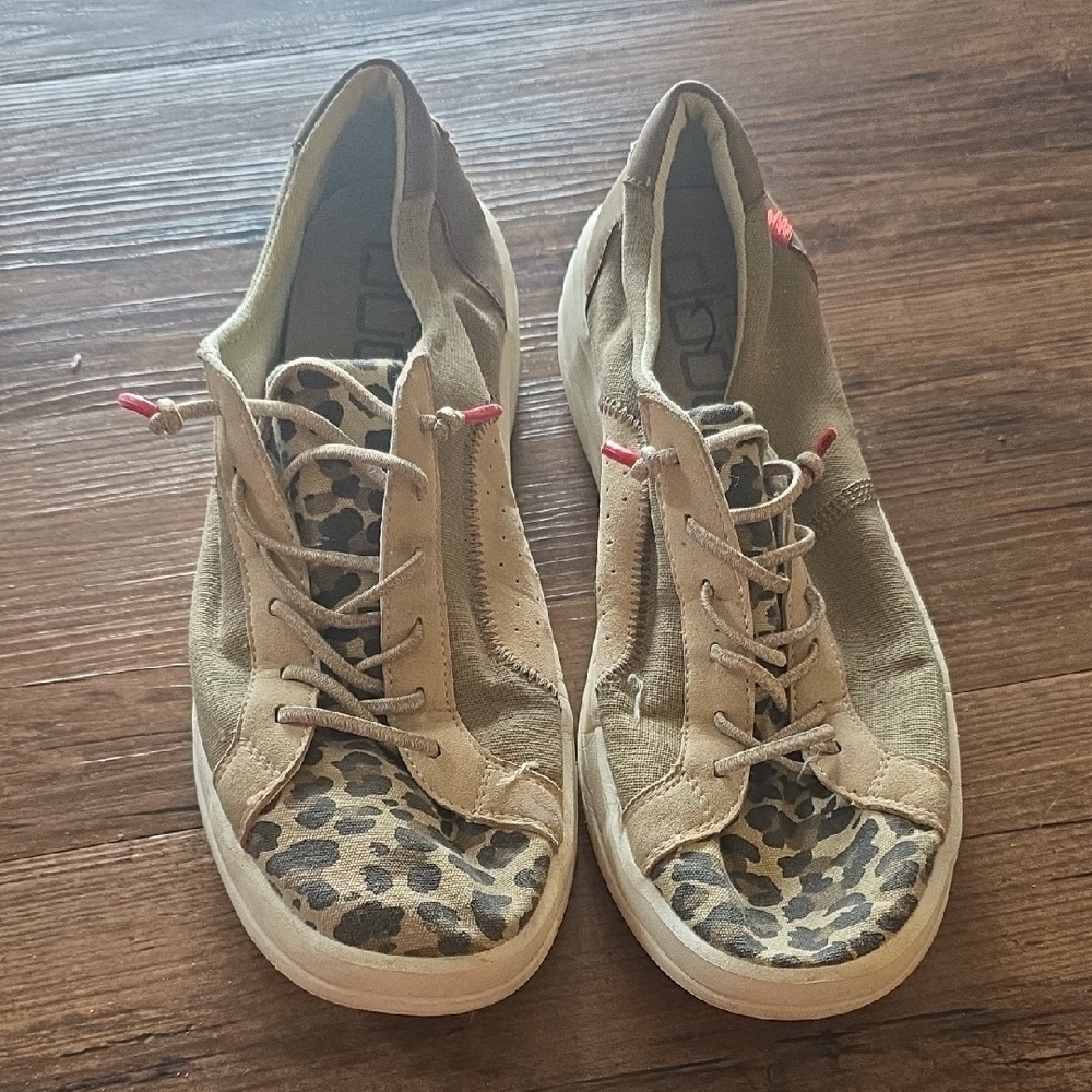 Hey Dude Tan Sneakers with Leopard Print and Red Accents